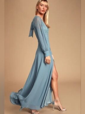 Elegant Victorian Style Slate Blue Lace Detail Long Sleeve Maxi Dress- Women's